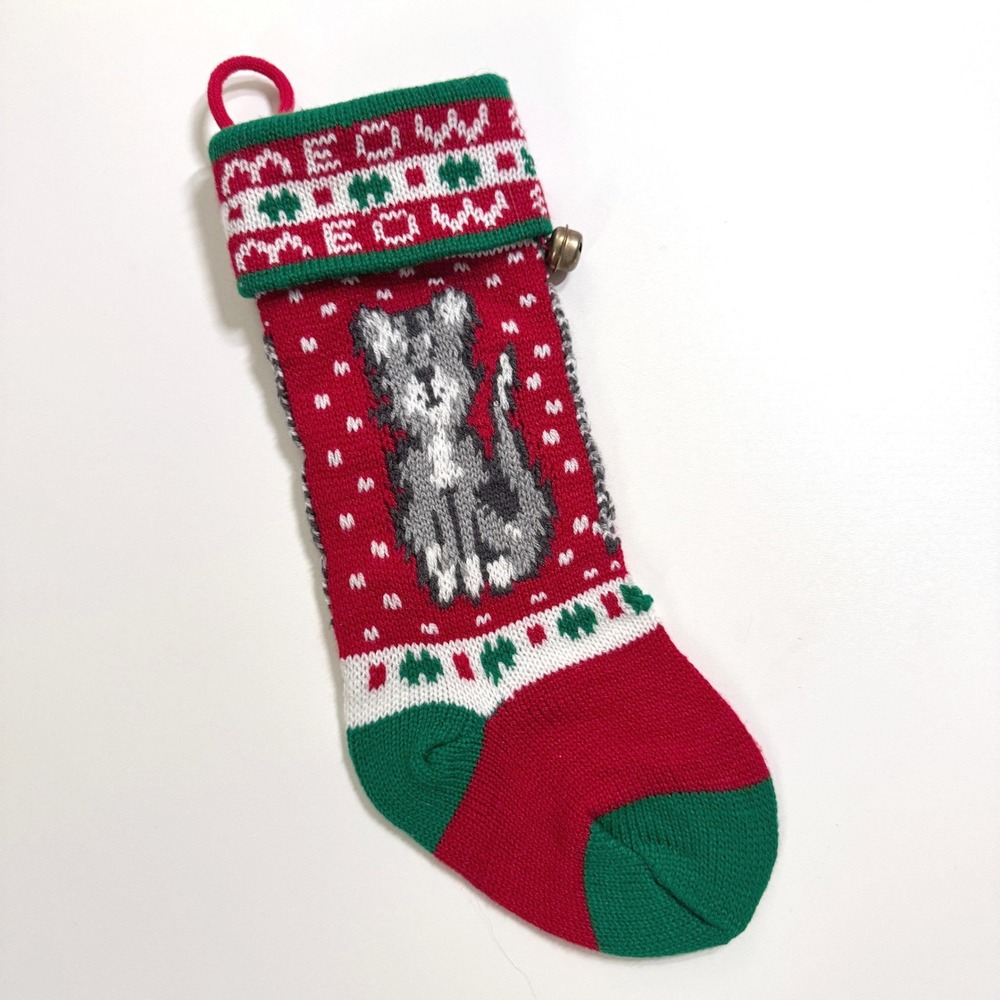 Vintage Christmas Stocking Red Green Knit Small Cat Pet Meow Bell Holiday